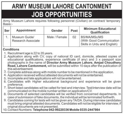Army Museum Lahore Jobs 